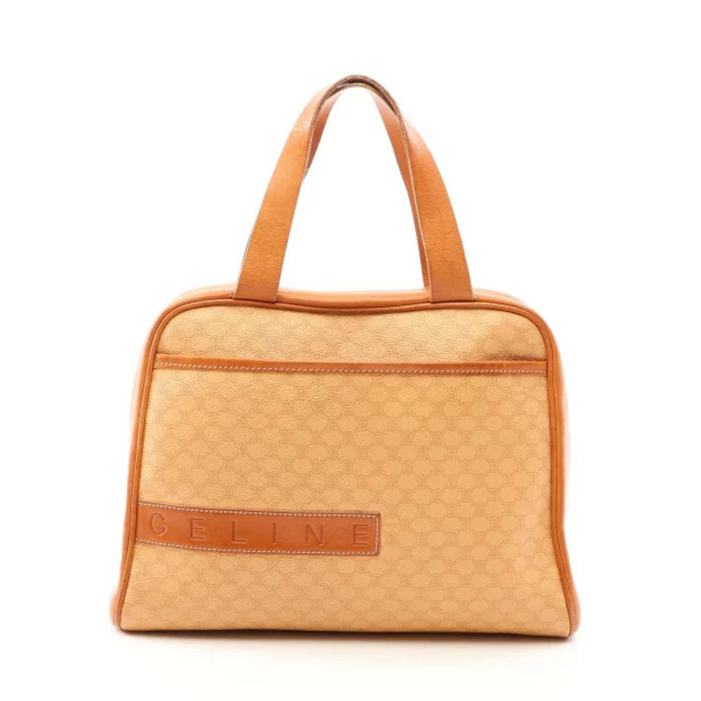 Celine Macadam Embossed Handbag Canvas Leather Beige Tan